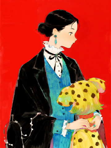 正红背景复古人物水彩插画