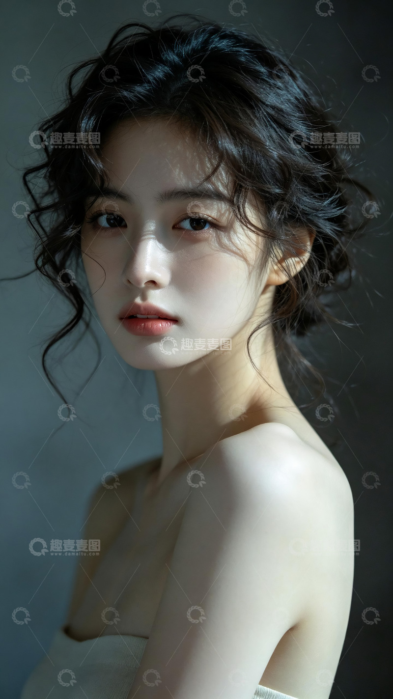 高清大图下载【趣麦麦图】-慵懒卷发侧光高级感人像写真2