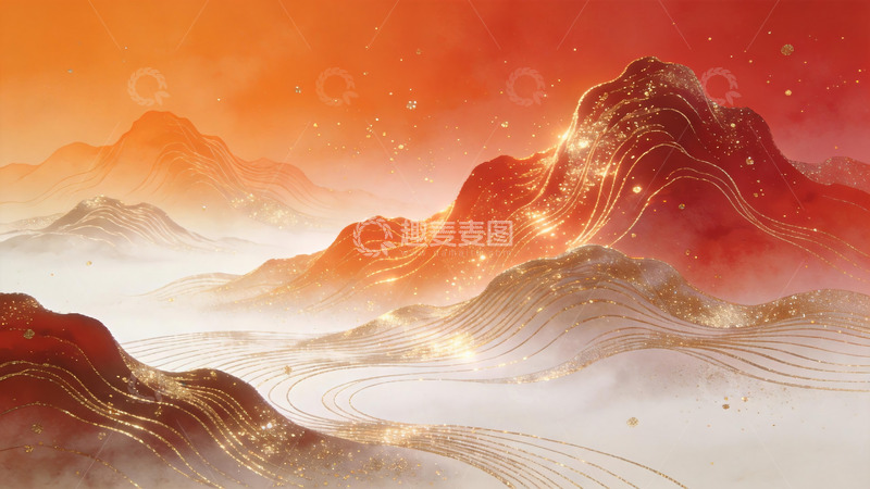 高清大图下载【趣麦麦图】-红调鎏金线描山水国风插画