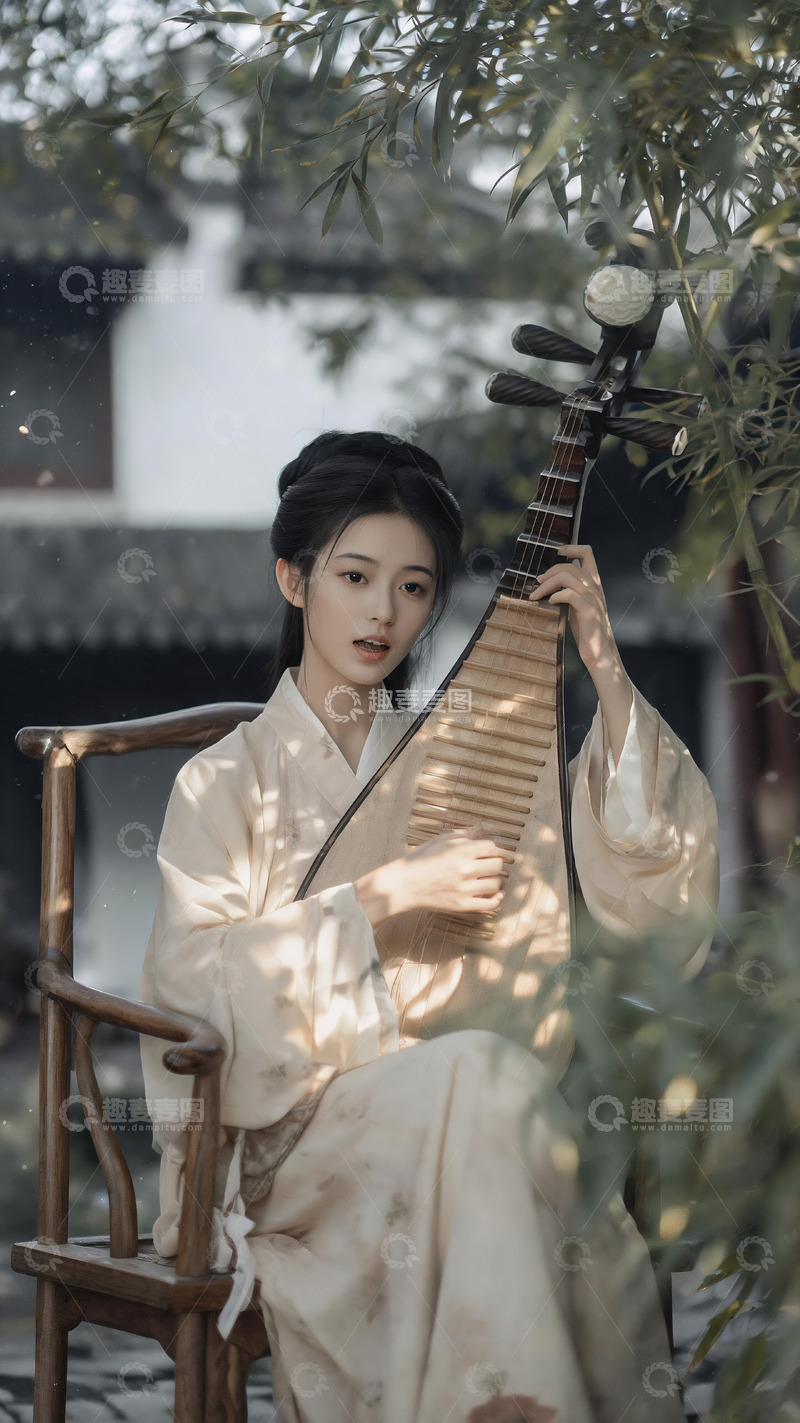 高清大图下载【趣麦麦图】-竹院琵琶汉服女子古风人像