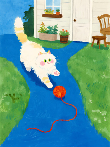 小院玩毛线球长毛猫咪童趣插画