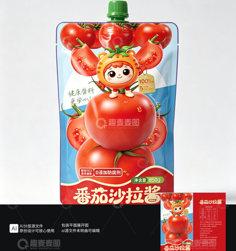 源文件下载【趣麦麦图】-番茄儿童沙司酱包装袋设计