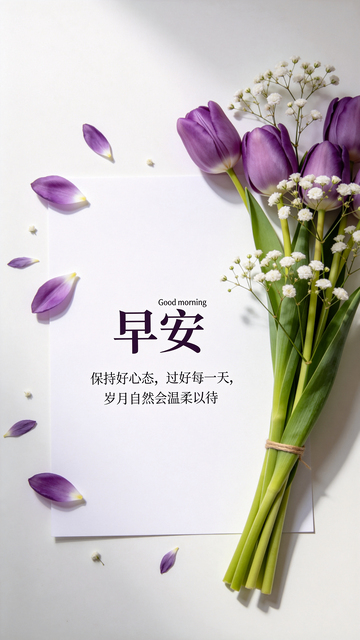 一束紫色郁金香和白色满天星