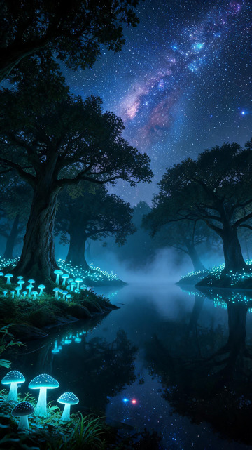 梦幻风夜景森林发光蘑菇设计素材