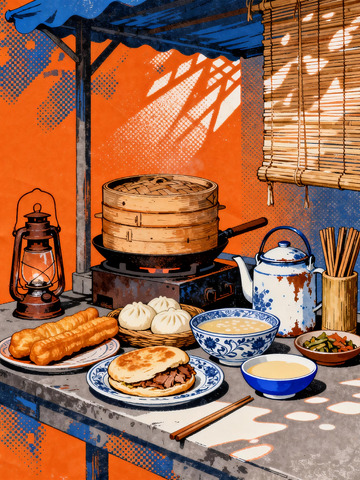 复古版画风中式早餐小摊插画