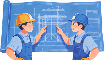 工程师研讨建筑图纸扁平插画