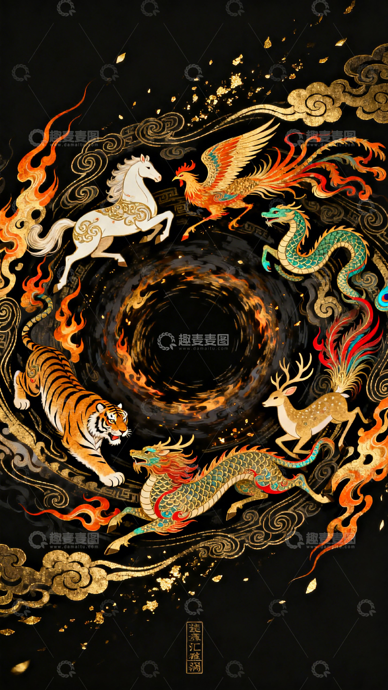 高清大图下载【趣麦麦图】国风神话瑞兽环绕漩涡设计素材
