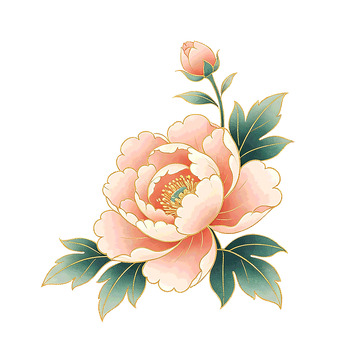 免抠工笔风牡丹花枝手绘花卉设计素材