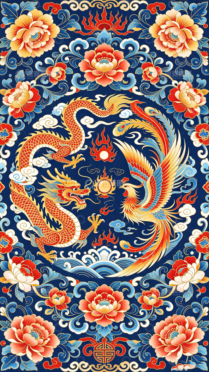 高清大图下载【趣麦麦图】-古代刺绣花卉勾勒出汉绣的龙凤呈祥优美元素
