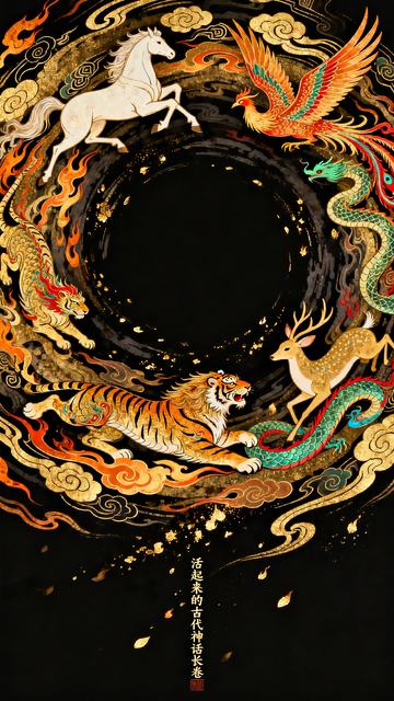 国风神话神兽卷轴插画设计素材