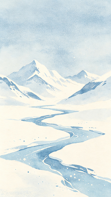水彩风雪山河流冬季风景设计素材