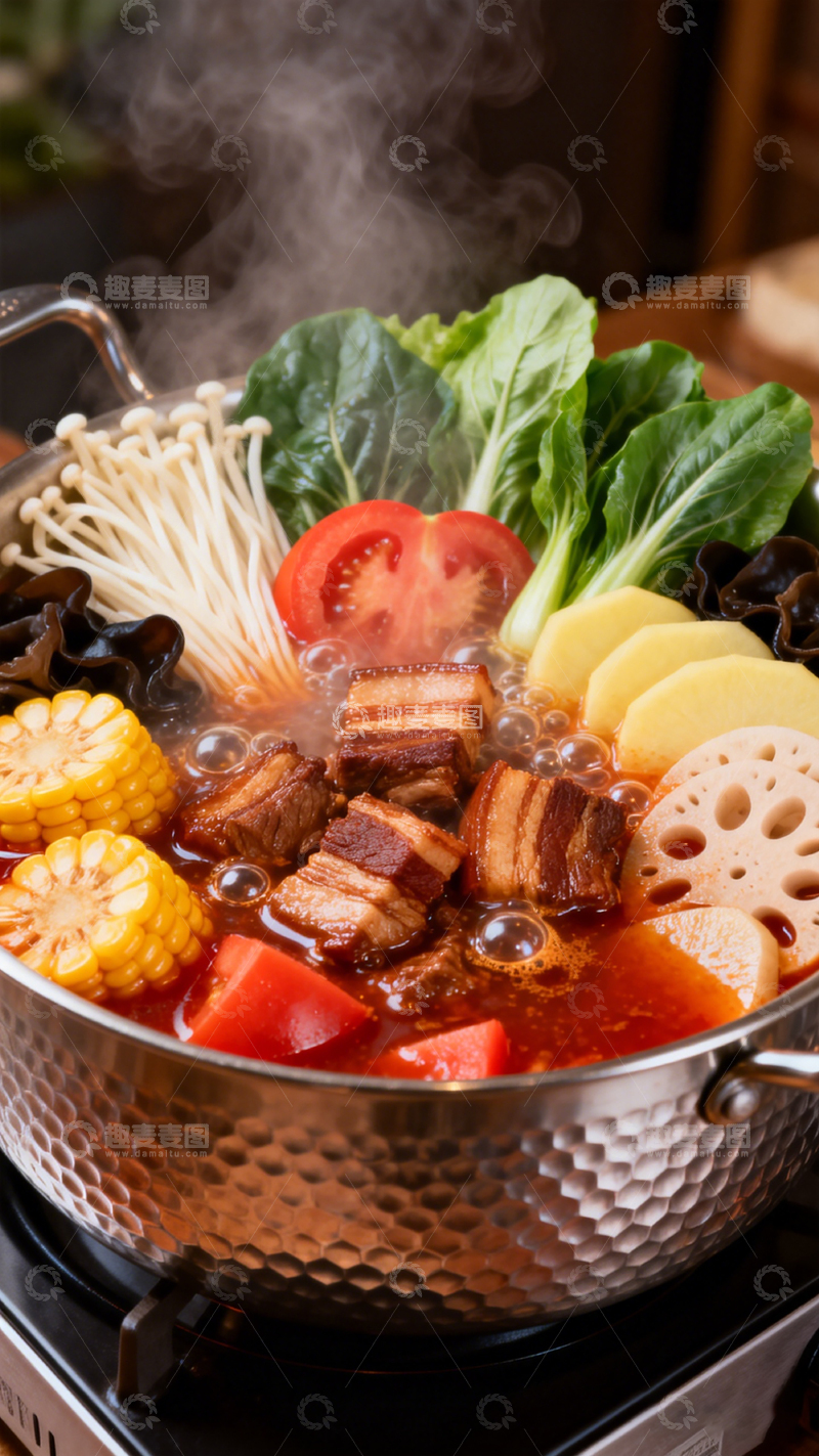 高清大图下载【趣麦麦图】-写实风热气腾腾火锅美食摄影素材