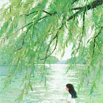 湖畔垂柳少女清新治愈插画