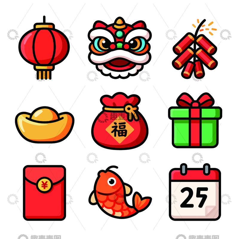 源文件下载【趣麦麦图】-扁平风春节元素图标设计素材
