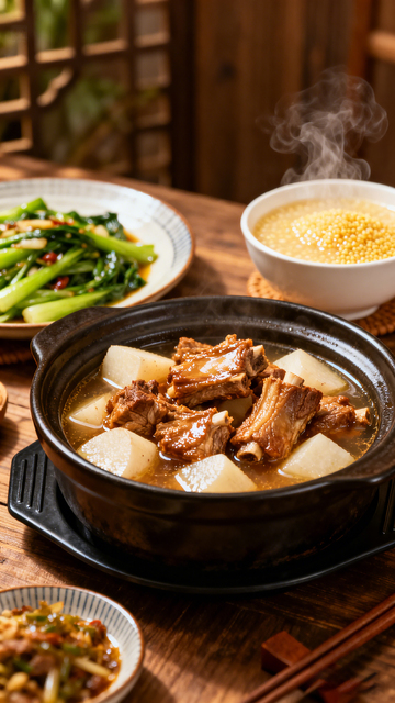 中式风格热气腾腾炖排骨美食摄影素材
