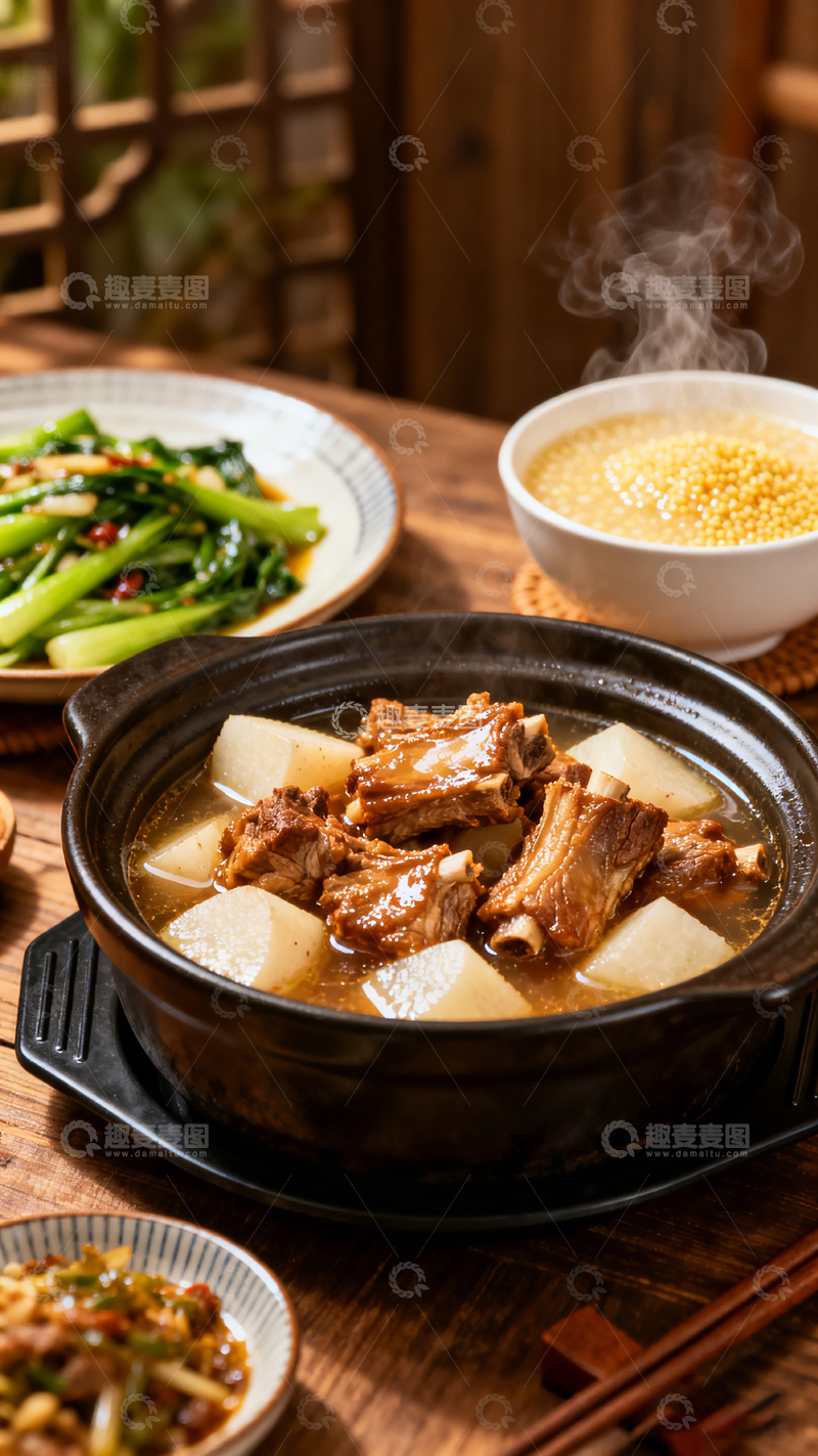 高清大图下载【趣麦麦图】-中式风格热气腾腾炖排骨美食摄影素材
