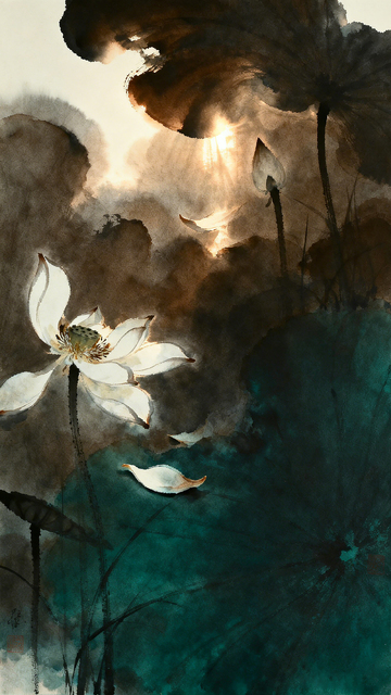 水墨风荷花池塘意境插画设计素材