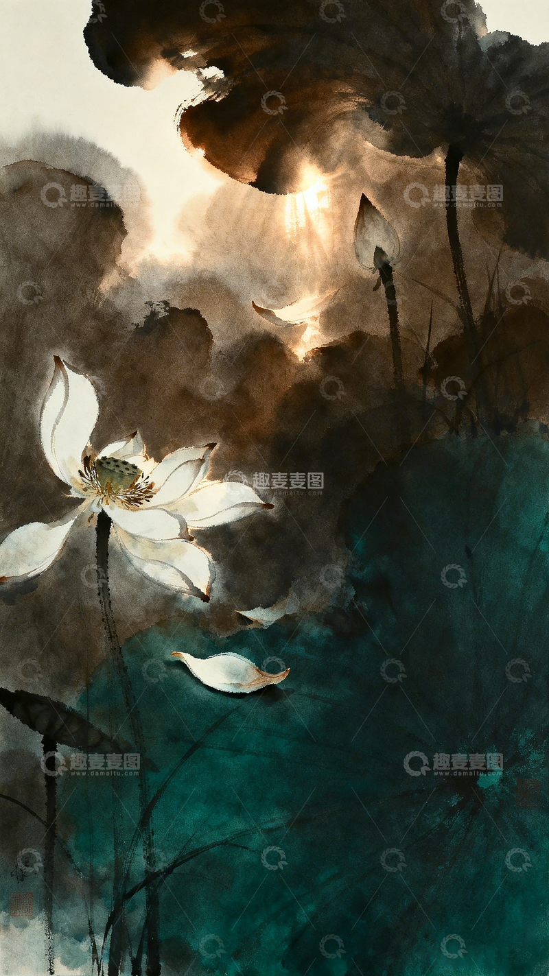高清大图下载【趣麦麦图】-水墨风荷花池塘意境插画设计素材