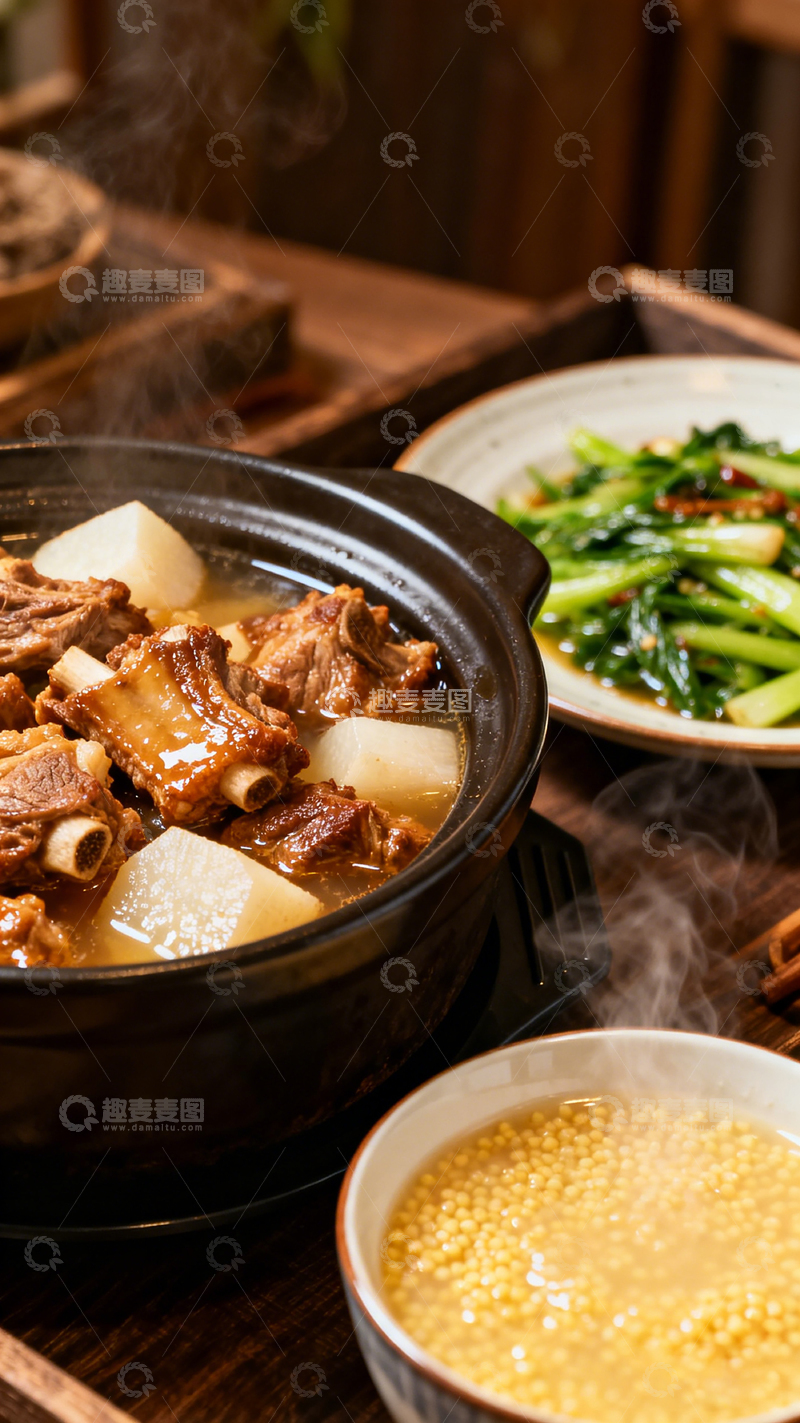 高清大图下载【趣麦麦图】-写实风热气腾腾炖排骨美食摄影素材