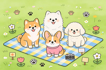 清新治愈草坪野餐四只萌犬扁平卡通插画