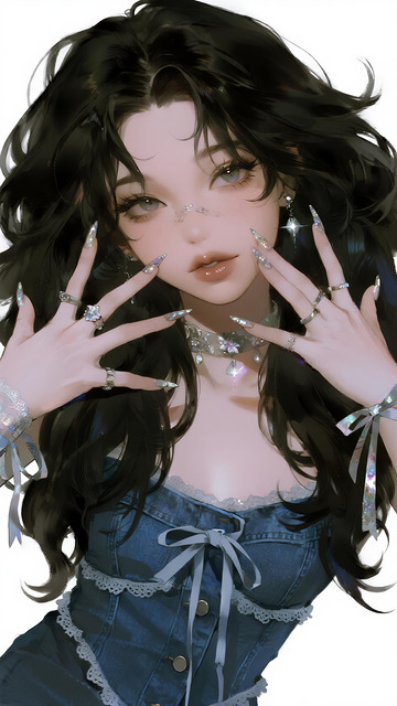 黑长卷发牛仔甜酷少女厚涂插画