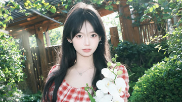 庭院红格裙少女蝴蝶兰清新人像写真2