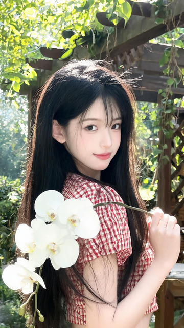 庭院红格裙少女蝴蝶兰清新人像写真1