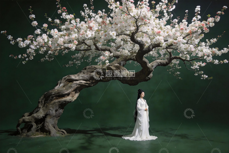 高清大图下载【趣麦麦图】古花树白衣古装女子墨绿色背景插画