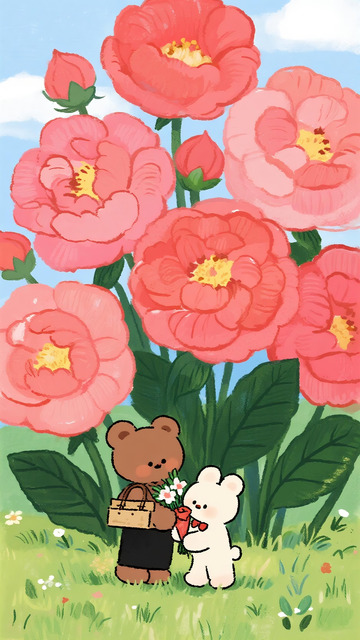 花丛小熊白兔赠花治愈卡通插画