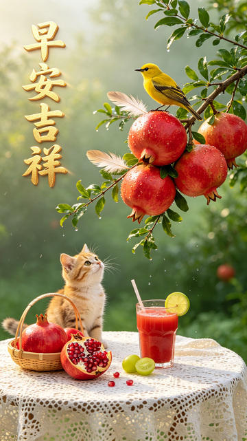 一枝带着水珠的六个大的红石榴