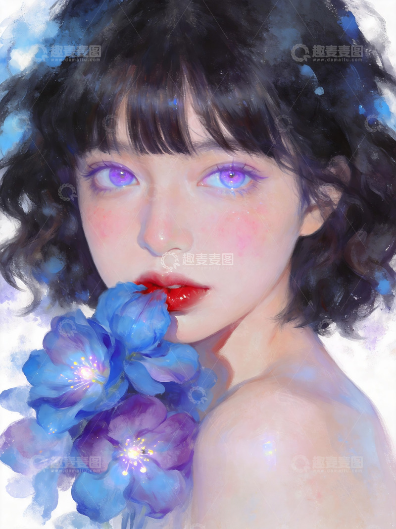 高清大图下载【趣麦麦图】紫瞳短卷发少女蓝紫飞燕花人像插画