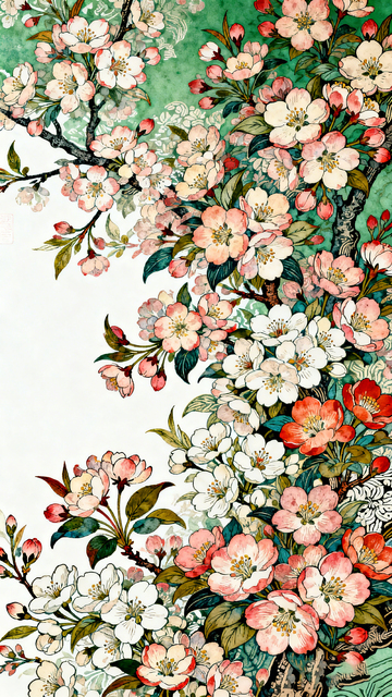国风手绘樱花枝花鸟图案设计素材