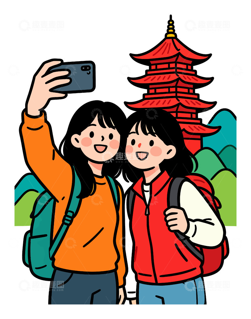 源文件下载【趣麦麦图】卡通风闺蜜旅行自拍插画素材