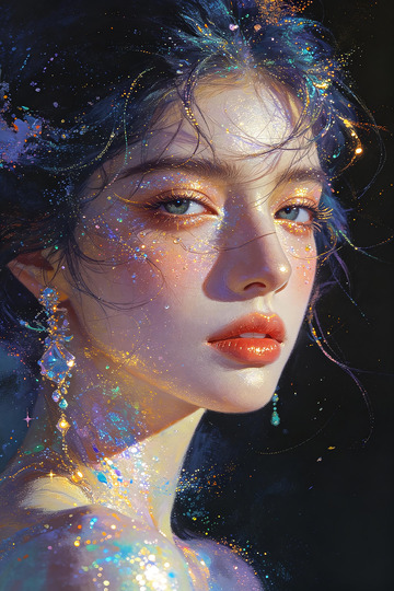 鎏金碎钻星光少女油画人像插画