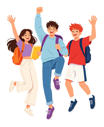 卡通风学生欢庆跳跃插画素材