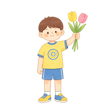 卡通风小男孩手捧郁金香插画素材