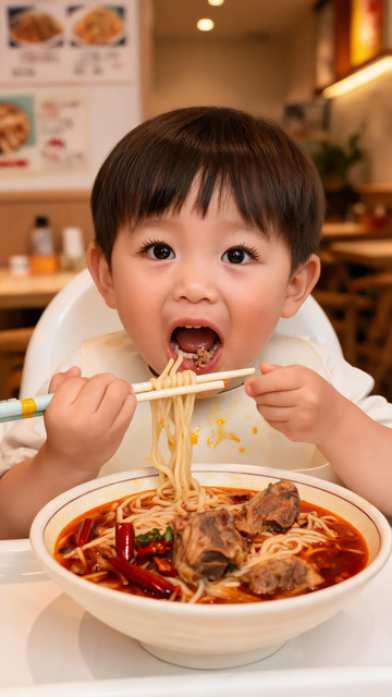萌娃大口吃红烧牛肉面竖版实拍图