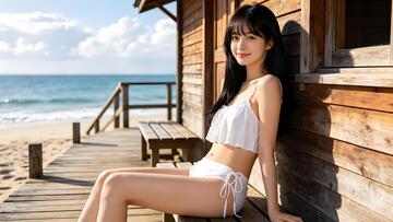 写实风海滩少女木屋写真素材