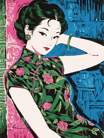 套色版画风格旗袍民国女子插画
