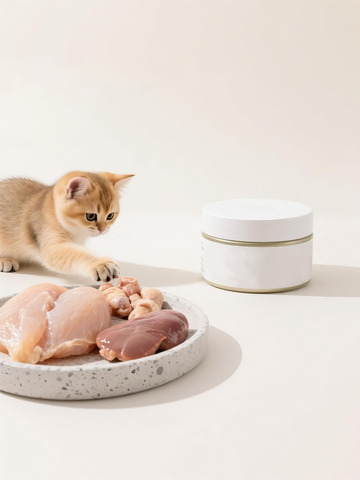 金渐层小猫与生鲜肉宠物产品简约静物摄影