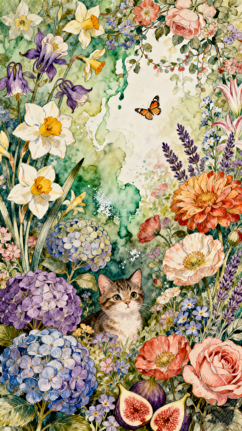 高清大图下载【趣麦麦图】-水彩风猫咪花丛手绘插画设计素材