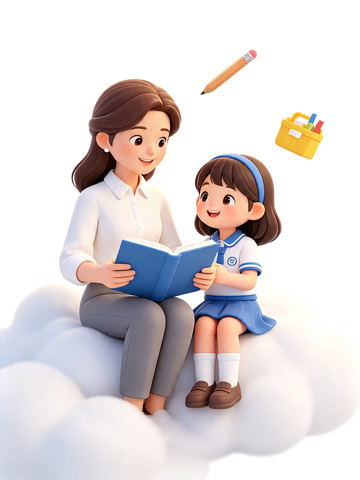 卡通风老师和学生共读绘本插画设计素材