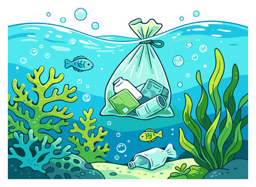 卡通风海底垃圾污染插画设计素材