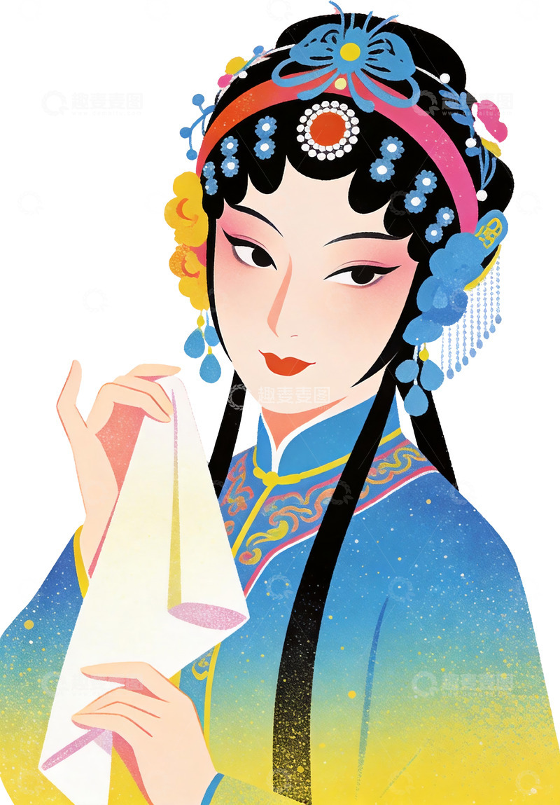 高清大图下载【趣麦麦图】-国风扁平戏曲青衣花旦人物插画