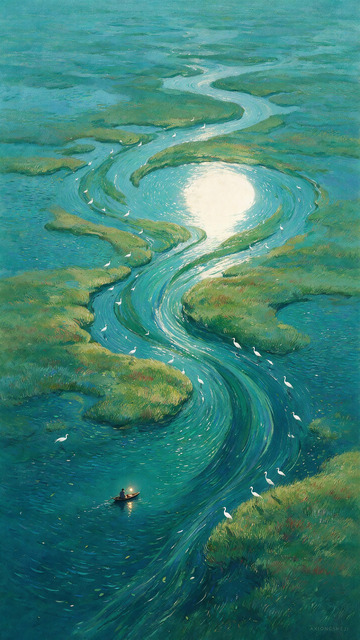 湿地蜿蜒河道泛舟白鹭青绿风景插画1
