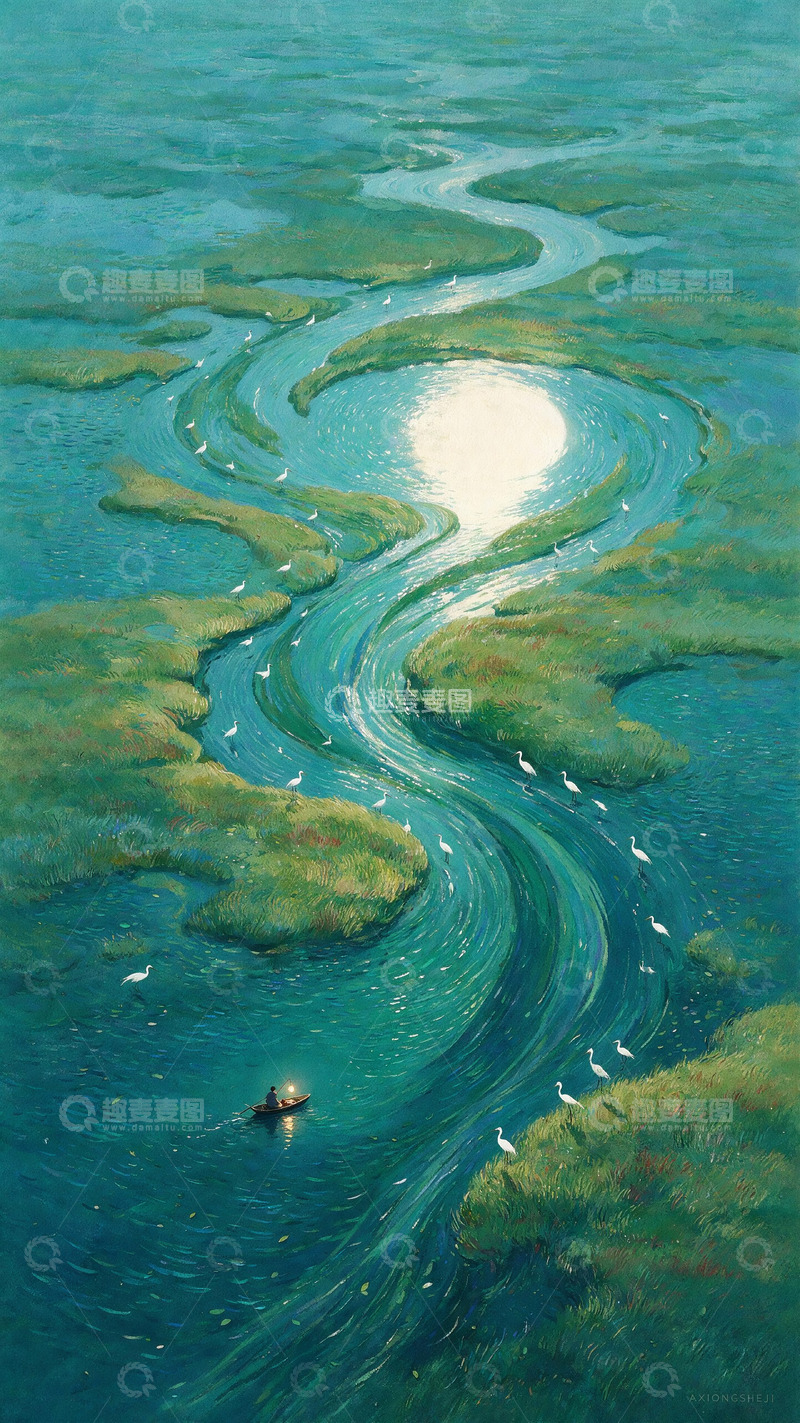 高清大图下载【趣麦麦图】-湿地蜿蜒河道泛舟白鹭青绿风景插画1