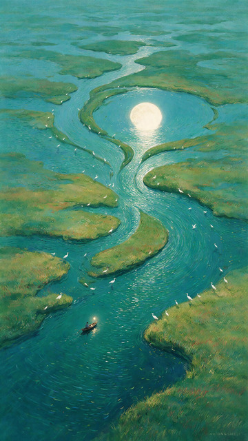 湿地蜿蜒河道泛舟白鹭青绿风景插画2