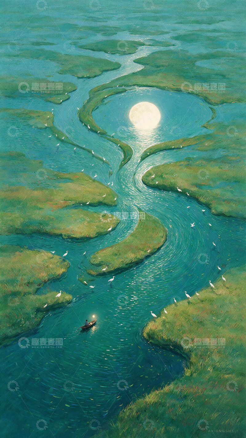 高清大图下载【趣麦麦图】-湿地蜿蜒河道泛舟白鹭青绿风景插画2