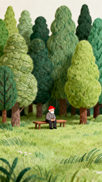 毛线艺术风格老人森林静坐插画素材