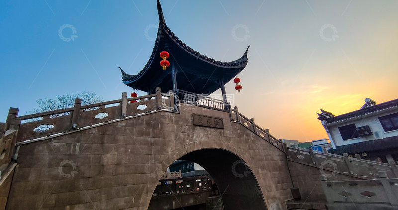 高清大图下载【趣麦麦图】浙江乌镇古风黄昏石桥亭台建筑素材